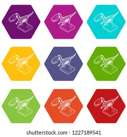 Dinosaur skeleton icons 9 set coloful isolated on white for web