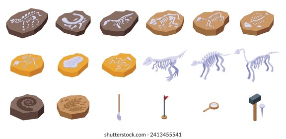 Dinosaur skeleton icons set isometric vector. Fossil museum ancient. Pedestal flying