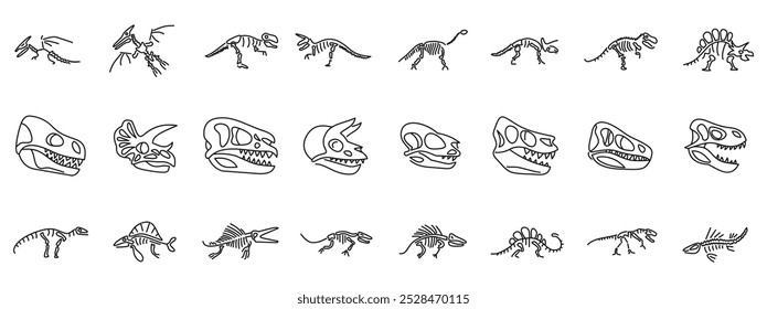 Conjunto de iconos de esqueleto de dinosaurio. Las poses de esqueletos de dinosaurios en diferentes posiciones representan la estructura anatómica de depredadores extintos para la ciencia paleontológica