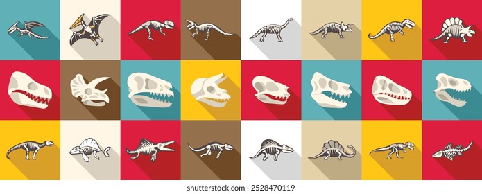 Dinosaur skeleton icons set. Dinosaur skeletons and skulls icons set featuring many prehistoric animals like the tyrannosaurus rex and the triceratops