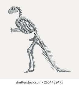 Dinosaur skeleton illustration. Detailed dinosaur bones. Fossilized dinosaur remains. Prehistoric dinosaur skeleton art. Educational graphic. Vintage animal illustration.