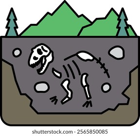 A dinosaur skeleton is laying in the dirt next to a mountain. The scene is dark and moody, with the skeleton's bones sticking out of the ground and the mountains looming in the background