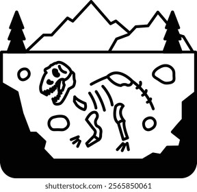 A dinosaur skeleton is laying on the ground in front of a mountain. The image has a mood of mystery and wonder, as it is not often that we see a dinosaur skeleton in such a setting