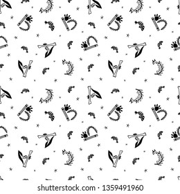 Dinosaur skeleton, letters and fossils. Vector seamless pattern. Original design with dinosaur bones, skeletons, plants and eggs. Print for T-shirts, textiles, web. Isolated on white background.