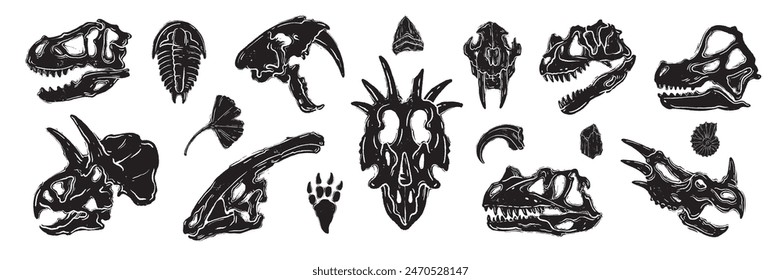 Dinosaur skeleton linocut print set, vector dino fossil skull tattoo, archaeology prehistoric icon. Jurassic reptile engraving sticker, triceratops silhouette, monster head. Dinosaur skeleton woodcut 