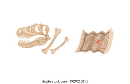 Dinosaur Skeleton and Map, Archeology and Paleontology Science Concept Cartoon Vector Illustration