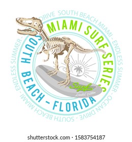 Dinosaur skeleton on a wave surf in Miami Florida
