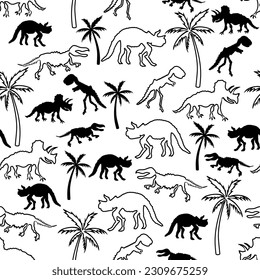 Dinosaur skeleton and palm tree. Seamless pattern. Original design with t-rex, dinosaur bones, stones, traces, plants and eggs. Print for T-shirts, textiles, web. 