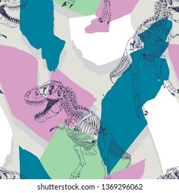 Dinosaur skeleton & paper cut collage seamless Print pattern vector