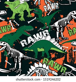 dinosaur skeleton seamless grunge pattern. Original design with t-rex, dinosaur. print for T-shirts, textiles, wrapping paper, web. 