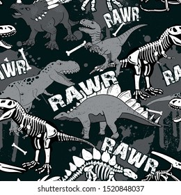 dinosaur skeleton seamless grunge pattern. Original design with t-rex, dinosaur.  