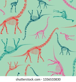 Dinosaur Skeleton Seamless Pattern on Mint. Bright and Colorful Wallpaper