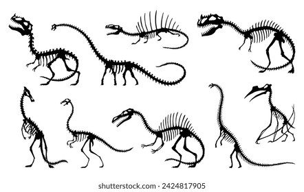 Dinosaur skeleton set. Dino monsters icons. Shape of real animals. Sketch of prehistoric reptiles. Vector illustration isolated on white. Hand drawn sketches