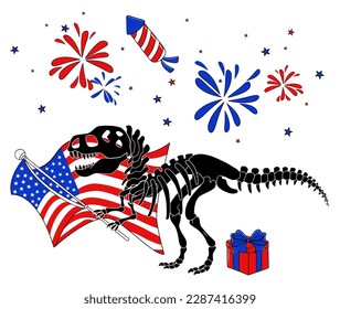 Silhouette de Dinosaur Skeleton USA. 4 de julio Día de la Independencia Dino cráneo con dientes. Colección de elementos de diseño de Tyrannosaurus Rex 