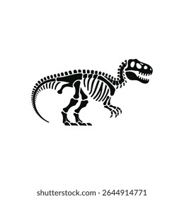 Dinosaur Skeleton Silhouette Vector Illustration Featuring T Rex Fossil Bones in Black and White Style for Paleontology and Prehistoric Science Themes