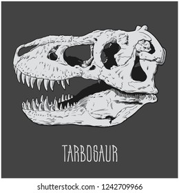 Dinosaur skeleton. Tarbosaurus. Tattoo art design. Book illustration.