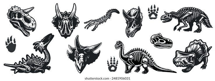 Dinosaur skeleton. Dinosaur tattoo dino skull, vector prehistoric archaeology fossil icon. Jurassic reptile engraving sticker, triceratops silhouette, reptor head. Archeology. Vector illustration. 