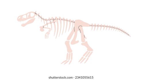 Dinosaur skeleton. Tyrannosaurus rex fossils. Old extinct animal, trex bones and skull profile. Ancient dino predator, prehistoric remains. Flat vector illustration isolated on white background