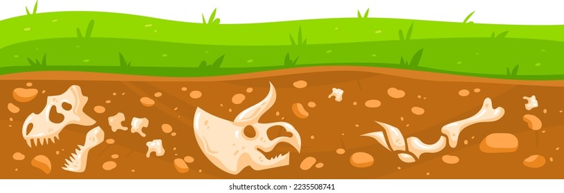 Dinosaur skeleton at underground soil, cartoon ground fossil with bone vector illustration. Animal skull in earth layer, archeology