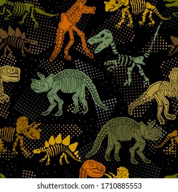 Dinosaur skeleton. Vector seamless pattern. Original design with dinosaur bones. Black background with dots. Desing for textile, clothes.