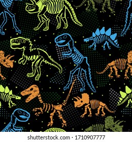 Dinosaur skeleton. Vector seamless pattern. Original design with dinosaur bones. Black background with dots. Desing for textile, clothes.