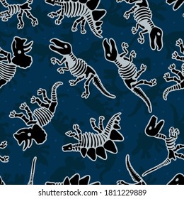 Dinosaurierskelett Vektornahtloses Muster. Originelles Design mit Dinosaurierknochen. Blauer Hintergrund-Dinosaurier für Textilien, Kleidung und Verpackungspapier.