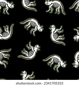Dinosaur skeleton. Vector seamless pattern. Print for T-shirts, textiles, web. Black background.