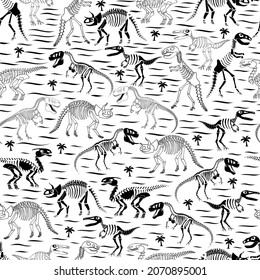 dinosaur skeletons with palm trees on a striped background