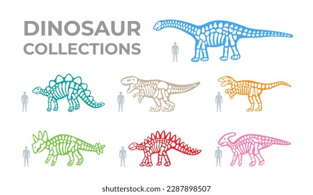 Dinosaur skeletons set. Triceratops, Tyrannosaurus, Kentrosaurus, Brahiosaurus, Velociraptor, Stegosaurus, Parasaurolophus. Dinosaur bones silhouettes