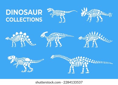 Dinosaur skeletons. Triceratops, Tyrannosaurus, Kentrosaurus, Brahiosaurus, Velociraptor, Stegosaurus, Parasaurolophus. Paleontology and archeology.