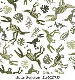 Dinosaur skeletons and tropical leaves with bones. Seamless print in khaki colors.