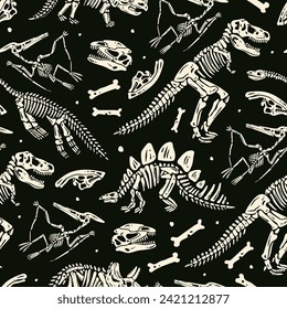 Dinosaur skeletons. Various bones of prehistoric creatures. Hand drawn modern Vector illustration. Museum, fossil, archaeological finds, paleontology concept. Square seamless Pattern