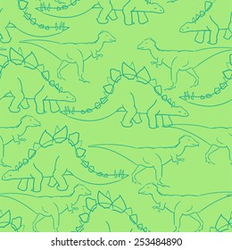 dinosaur, sketch drawing pattern, green, large, vector illustration. tyrannosaurus. seamless