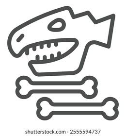 Dinosaur skull and bones line icon, dinosaur ancient history concept. Vector graphics. Dino head with bone sign on white background, outline style icon for mobile or web design