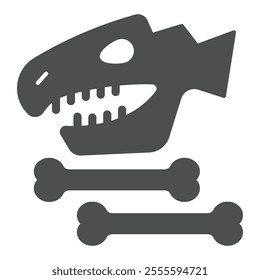 Dinosaur skull and bones solid icon, dinosaur ancient history concept. Vector graphics. Dino head with bone sign on white background, glyph style icon for mobile or web design