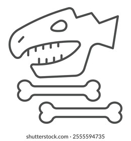 Dinosaur skull and bones thin line icon, dinosaur ancient history concept. Vector graphics. Dino head with bone sign on white background, outline style icon for mobile or web design