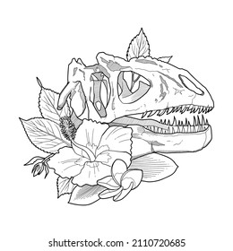Dinosaur skull decorated with an exotic flowers. Prehistoric fossils. Vector line graphics for coloring books