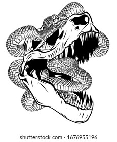 Dinosaur Skull. Drawing Of T-Rex Skull with snakes