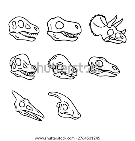 Dinosaur Skull Line Art Set, Fossil Skeleton Outline Illustration Collection for Paleontology and Education