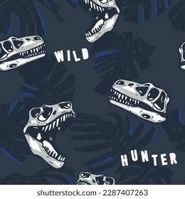 Dinosaur skull seamless pattern with tropical leaves.Fossil Hunter. Dinosaurs vector print.Fun t-shirt design for kids. Cute Dinosaur character design.