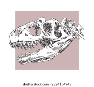 Dinosaur skull skeleton. Allosaurus lizard. Scary monster predator with teeth. The science of paleontology. Vector art illustration sketch. Hand drawn ink on white background
