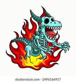 Dinosaur skull vector sticker illustration with fire background. Vector eps 10