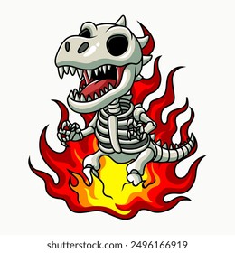 Dinosaur skull vector sticker illustration with fire background. Vector eps 10