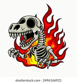 Dinosaur skull vector sticker illustration with fire background. Vector eps 10