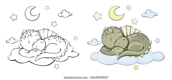 Dinosaurio durmiendo en una nube, luna, estrellas. Un conjunto de Ilustraciones vectoriales, colores y líneas de arte. para colorear.