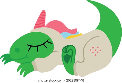 Dinosaur sleeps in cute costume of magical unicorn. Image is isolated on white background. Vector illustration for use as design element.