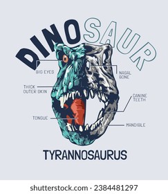 dinosaur slogan with t-rex head half skull anatomy vector illustration