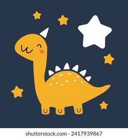 Dinosaur smiling with closed eyes, yellow in color, in Scandinavian style, hand-drawn doodle, surrounded by stars, against a dark blue background. Vector illustration.