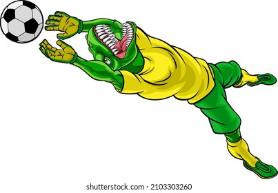 A dinosaur soccer football player goal keeper cartoon animal sports mascot diving to catch the ball