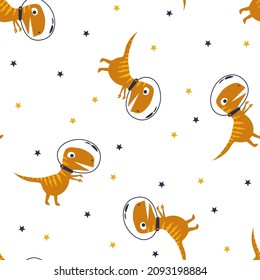 Dinosaur in space. Hand-drawn simple flat pattern on a white background. Vector background.